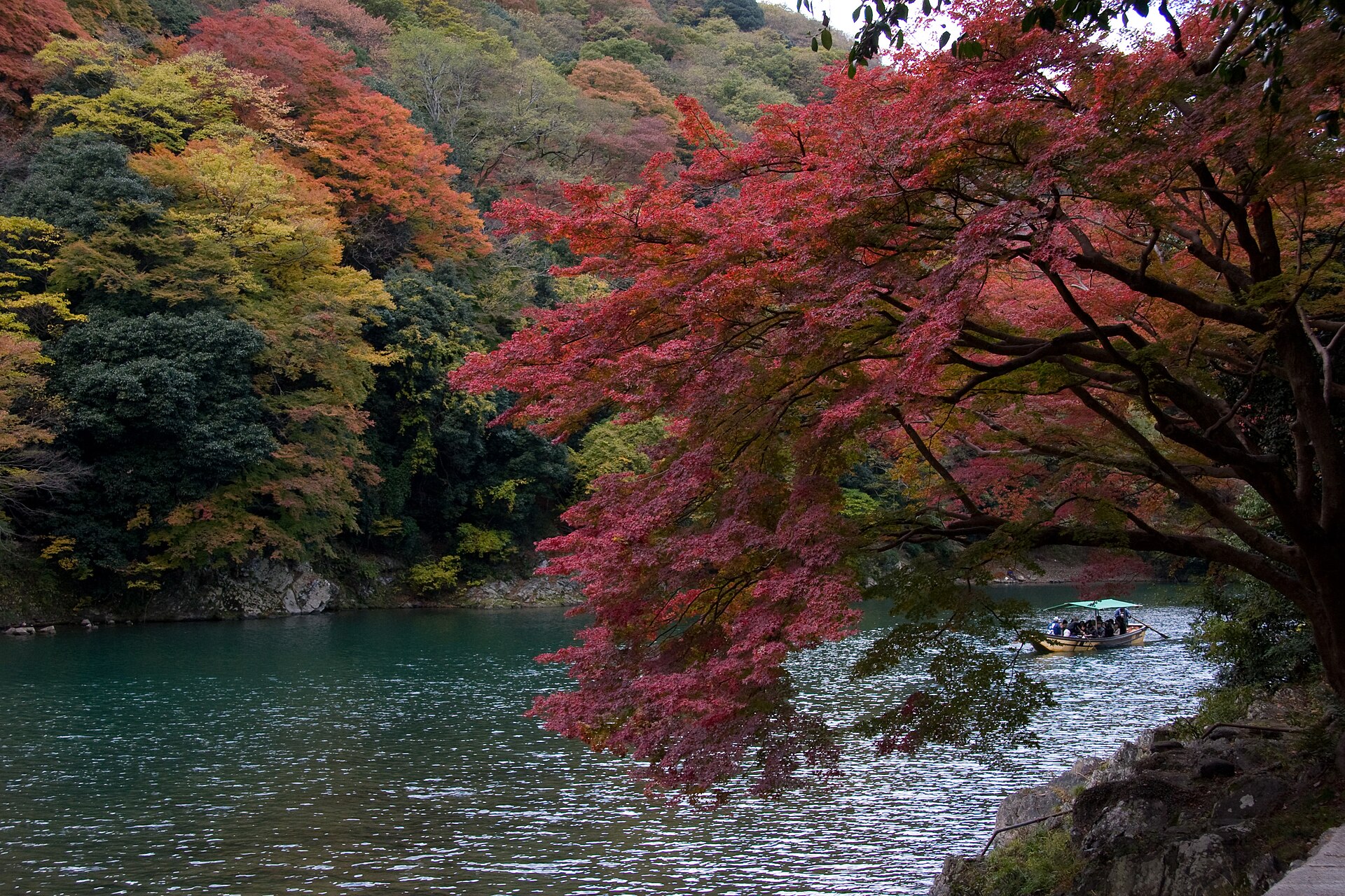 Una barca en el río Ōi en otoño, río arriba del puente Togetsukyō, camino del hotel