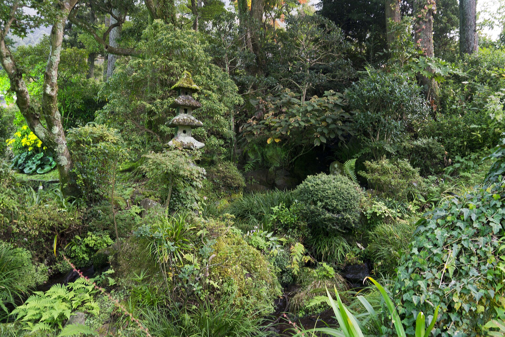 Un jardín de musgo y helechos con un farol de piedra en el Fujiya Hotel de Miyanoshita